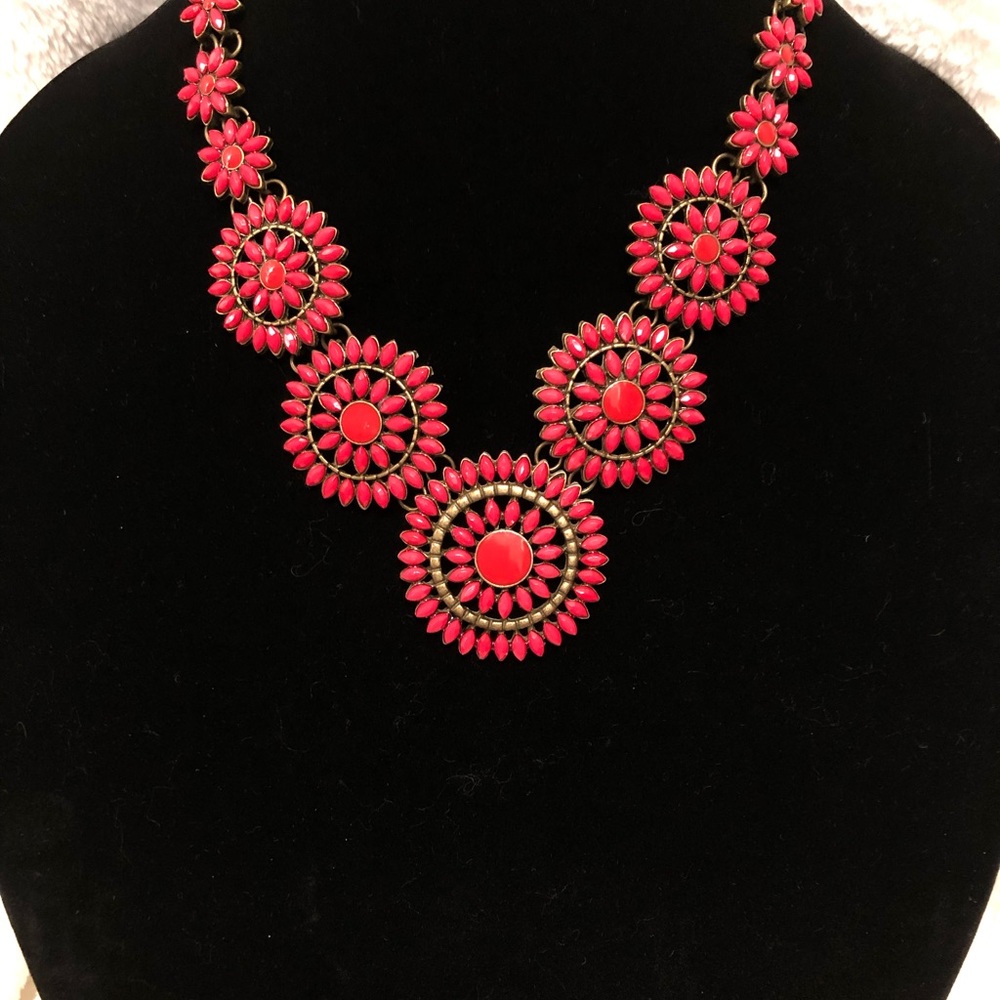 Red/pink southwest statement necklace. Brass metal
